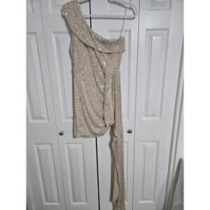 Lovely day large women's gold sequined one shoulder mini dress with side train